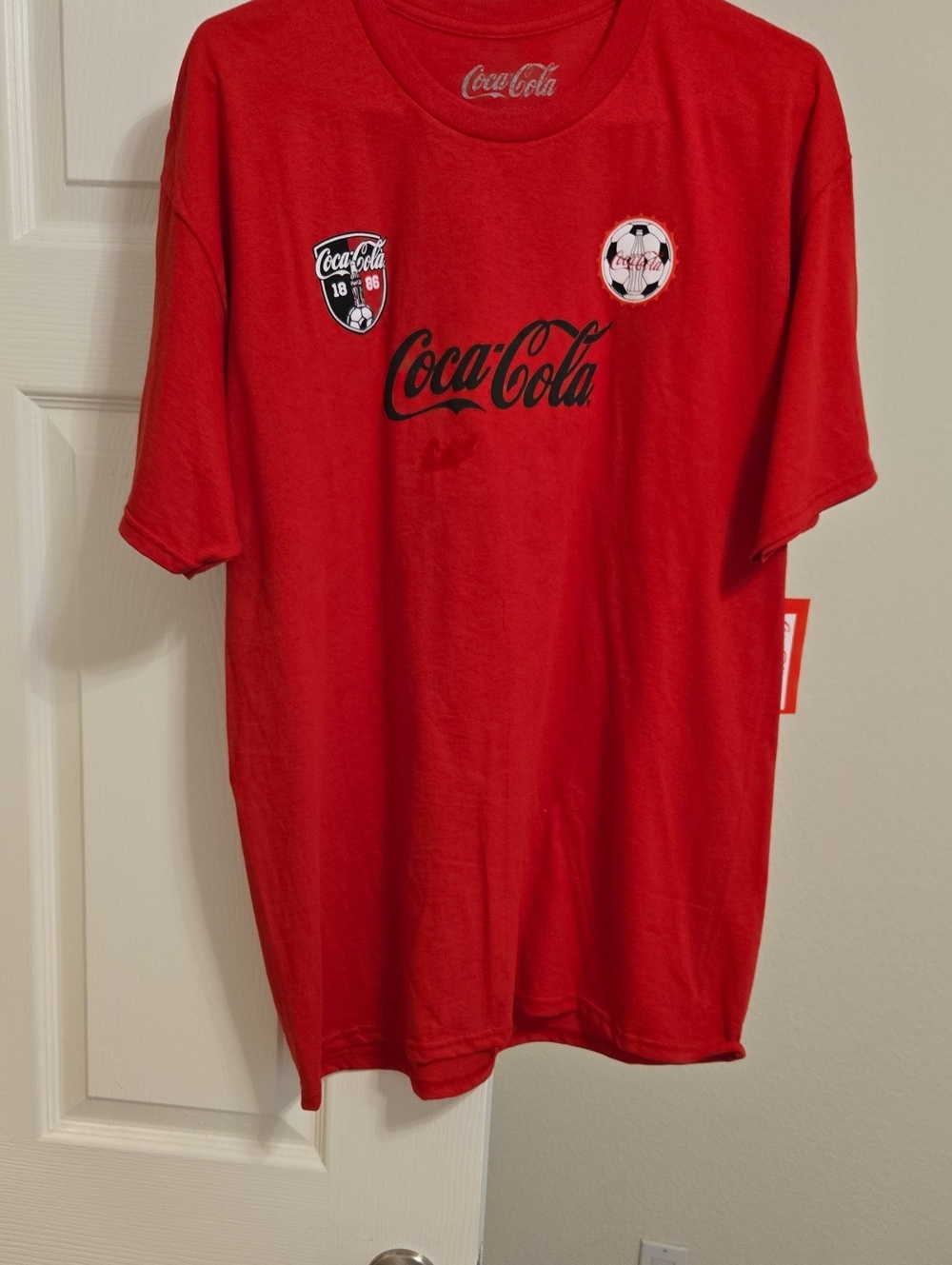 Coca Cola Red Short-Sleeve Logo Tee with Soccer Crest Size L UNISEX NWT